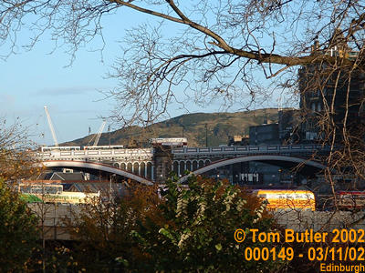 Photo ID: 000149, The cities bridges and Arthurs seat from the Princes Gardens, Edinburgh, Scotland