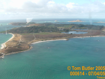 Photo ID: 000614, The whole of Tresco seen from 1;500ft in an helicopter, Tresco, Scilly Isles
