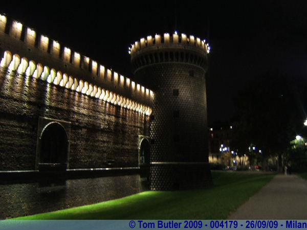 Photo ID: 004179, One of the round towers of the outer courtyard of the castle at night, Milan, Italy