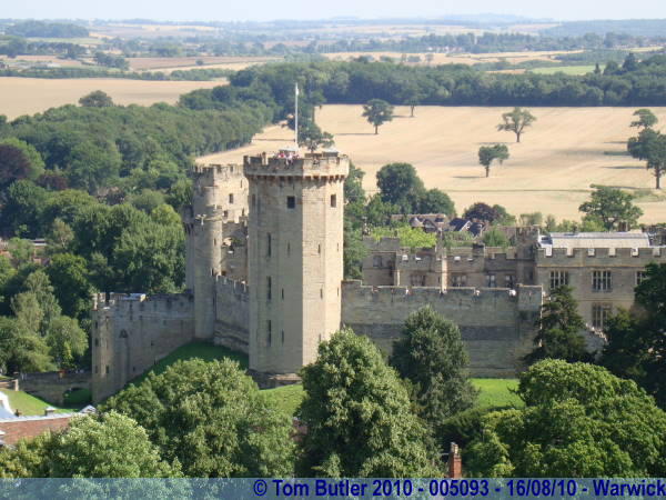 Photo ID: 005093, Looking across to Guy's tower, Ceaser's tower and the Eastern entrance of Warwick Castle, from the tower of St Mary's, Warwick, England