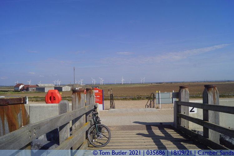 Photo ID: 035686, Beach access and wind farms, Camber Sands, England