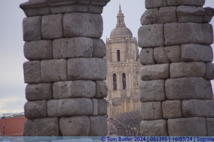 Photo ID: 051395, Cathedral tower through the aqueduct, Segovia, Spain