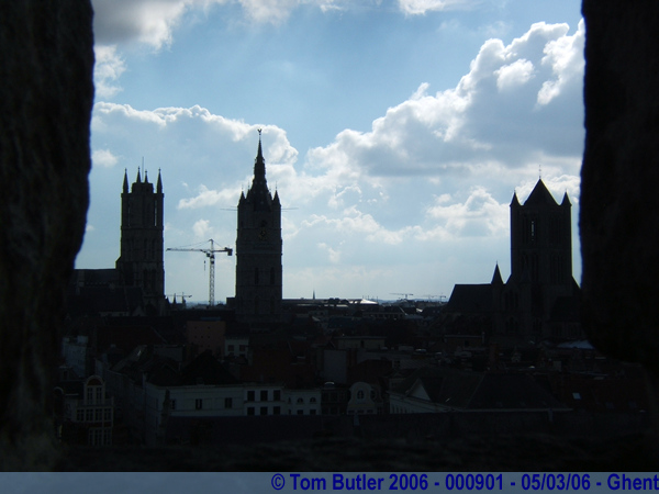 Photo ID: 000901, The Cathedral, Bellfort and St Niklaaskierk towers seen from the battlements of the Gravensteen, Ghent, Belgium