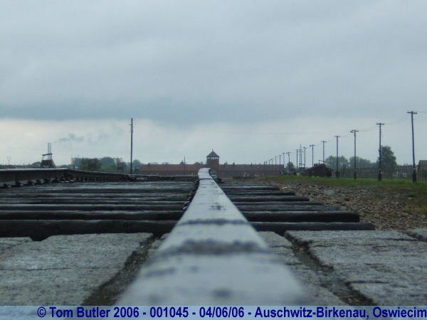 Photo ID: 001045, Looking along the tracks at the "Gate of Death", Auschwitz-Birkenau, Oswiecim, Poland