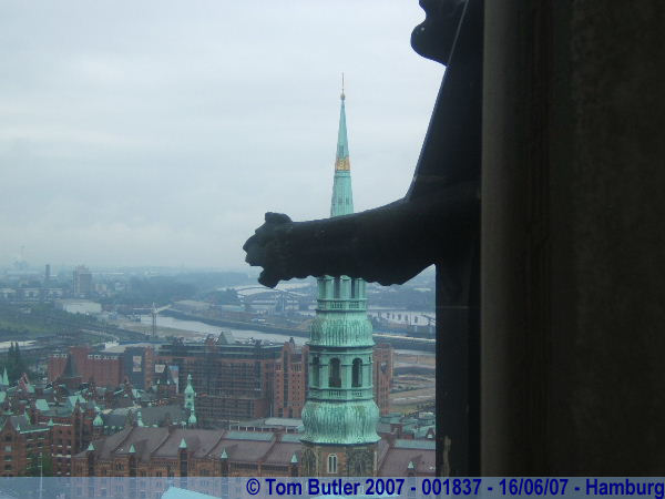 Photo ID: 001837, A charred gargoyle looks out from St Nicholas, Hamburg, Germany