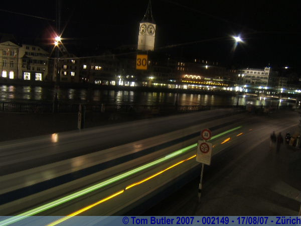 Photo ID: 002149, A tram speeds past the cathedral, Zurich, Switzerland