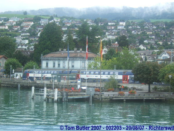 Photo ID: 002203, Integrated public transport.  A train awaits the arrival of the boat, Richterswil, Switzerland