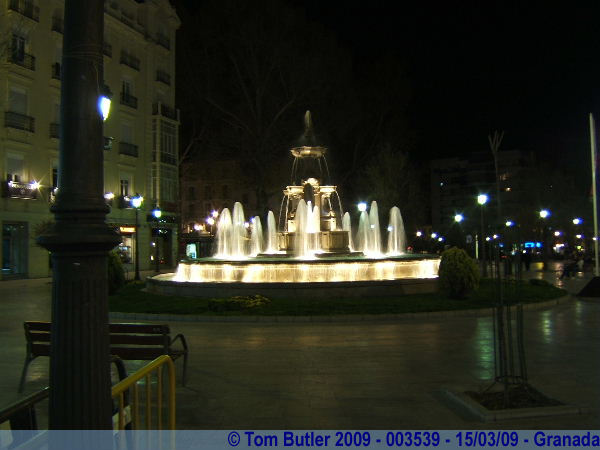 Photo ID: 003539, A fountain in the Puerta Real at night, Granada, Spain