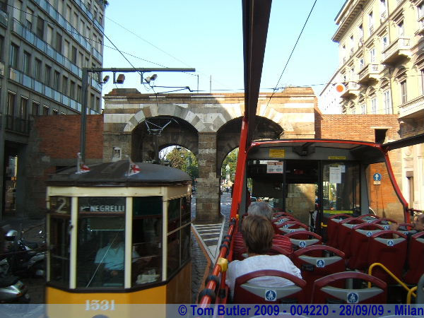 Photo ID: 004220, Passing a tram as we go through the Porta Nuova, Milan, Italy