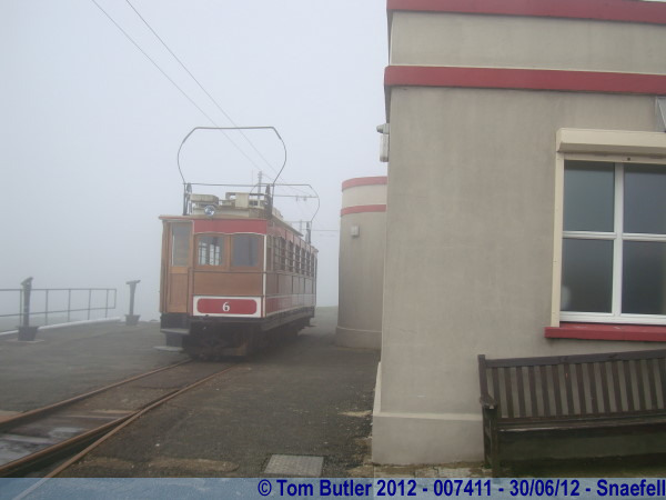 Photo ID: 007411, The tram waits at the Snaefell Mountain hotel, Snaefell, Isle of Man