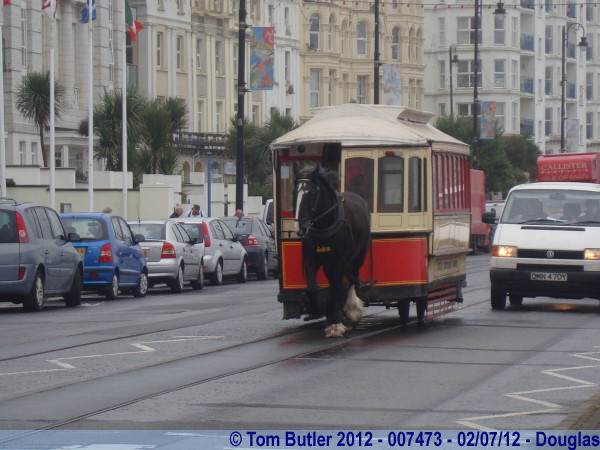 Photo ID: 007473, A horse tram approaches out of the rain, Douglas, Isle of Man