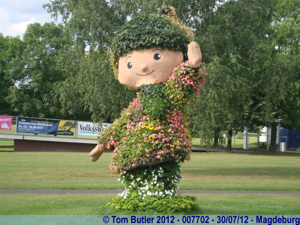 Photo ID: 007702, A Flower covered mascot welcomes visitors to the Elbauenpark, Magdeburg, Germany