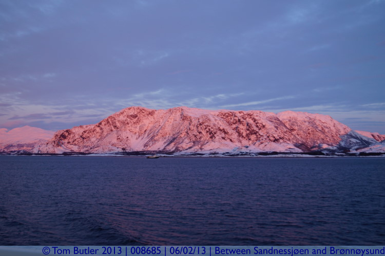 Photo ID: 008685, Mountains bathed red by the setting sun, On the Hurtigruten between Sandnessjen and Brnnysund, Norway