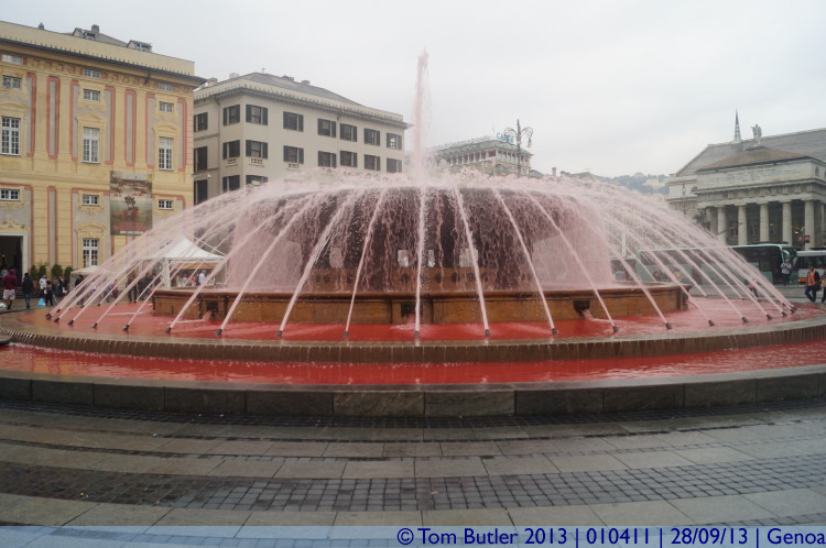 Photo ID: 010411, The fountain in Piazza di Ferrari dyed red, Genoa, Italy
