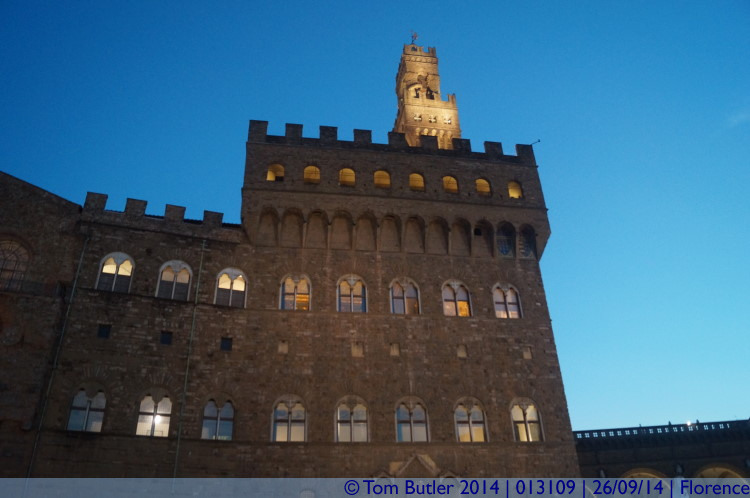 Photo ID: 013109, Side of the Palazzo Vecchio at dusk, Florence, Italy