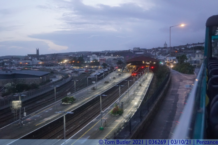 Photo ID: 036269, Train station at dusk, Penzance, Cornwall