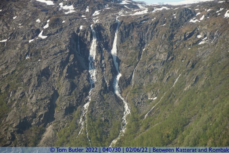 Photo ID: 040730, Waterfalls on the opposite side of the Fjord, Between Katterat and Rombak, Norway