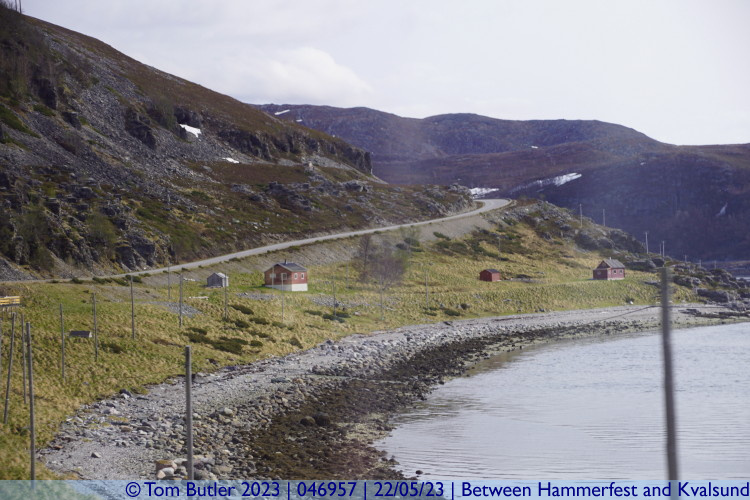 Photo ID: 046957, Wooden huts by the fjord, Between Hammerfest and Kvalsund, Norway