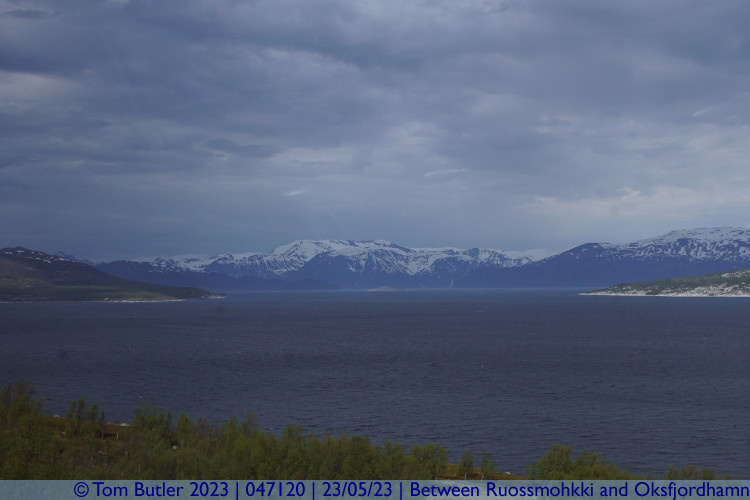 Photo ID: 047120, Mountains by the fjord, Between Ruossmohkki and Oksfjordhamn, Norway