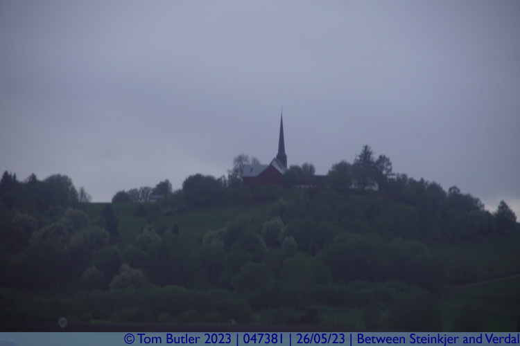 Photo ID: 047381, Church on a hill in the distance, Between Steinkjer and Verdal, Norway
