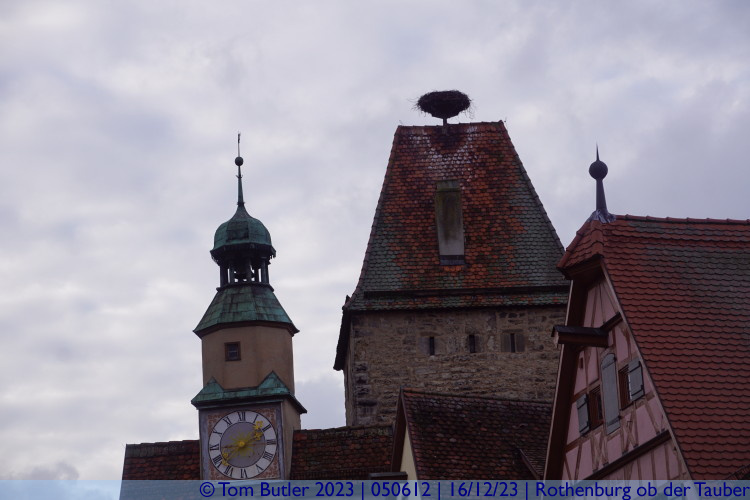 Photo ID: 050612, Clock tower and stork nest platform, Rothenburg ob der Tauber, Germany