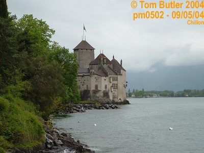 Photo ID: pm0502, Looking back on Chateau Chillon from the lake-side path, Chillon, Switzerland